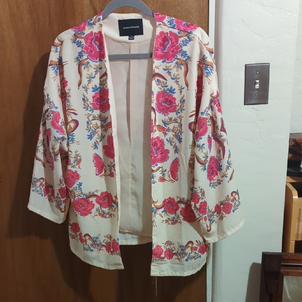 Jealous Tomato Floral Kimono Jacket - Cream and Pink